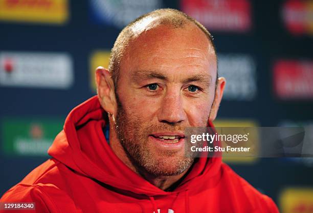 Wales forwards coach Robin McBryde speaks at a press conference during a Wales IRB Rugby World Cup 2011 captain's run at Eden Park on October 14,...