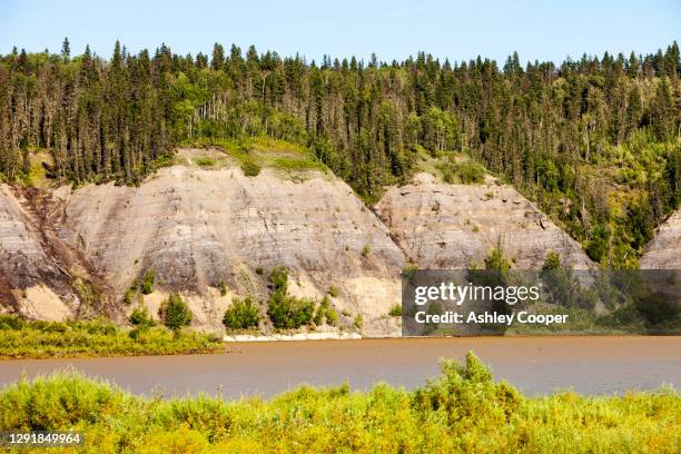 tar sands deposits exposed in the side of the athabasca river, fort mcmurray, alberta, canada. - fort mcmurray stock pictures, royalty-free photos & images