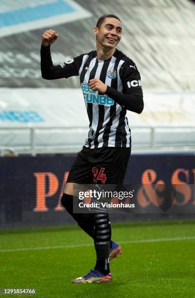 Miguel Almiron of Newcastle United celebrates scoring the first goal during the Premier League match between Newcastle United and West Bromwich...