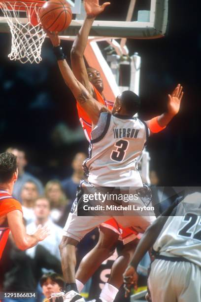 Allen Iverson of the Georgetown Hoyas drives to the basket during a college basketball game against the Syracuse Orange on February 26, 1995 at USAir...