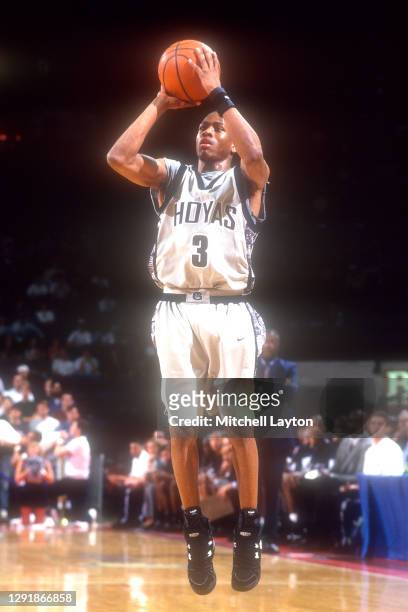 Allen Iverson of the Georgetown Hoyas takes a jump shot during a college basketball game against the Syracuse Orange on February 26, 1995 at USAir...