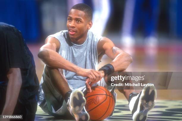 Allen Iverson of the Georgetown Hoyas goes to the basket during a basketball game against the Seton Hall Pirates at Capital Centre on January 15,...