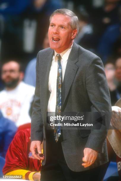 Head coach Jim O'Brien of the Boston College Eagles looks on during a college basketball game against the Georgetown Hoyas on February 26, 1994 at...