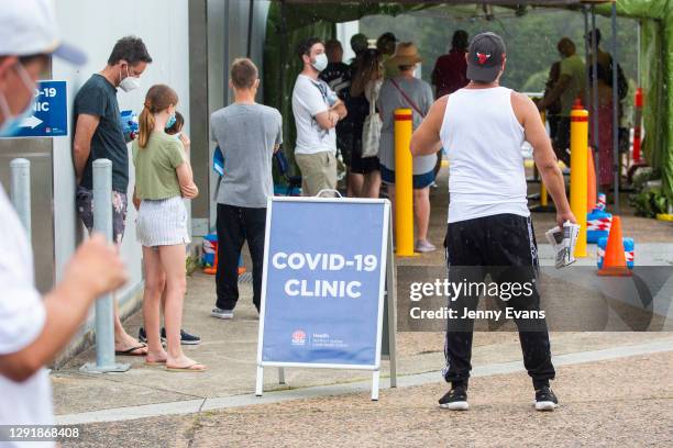 People are seen lining up at a COVID-19 testing site at Mona Vale Hospital on December 18, 2020 in Sydney, Australia.A cluster of Covid-19 cases on...