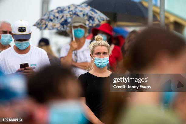 People are seen lining up at a COVID-19 testing site at Mona Vale Hospital on December 18, 2020 in Sydney, Australia.A cluster of Covid-19 cases on...