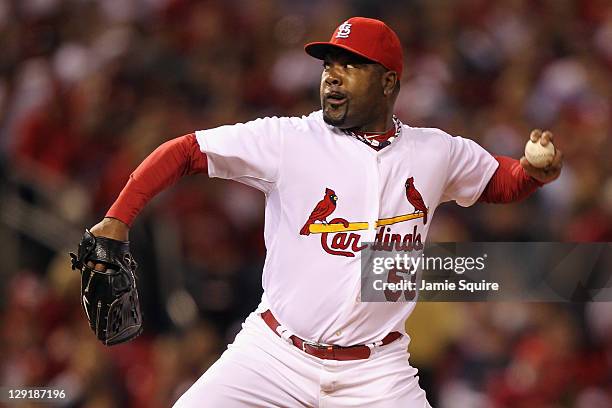 Arthur Rhodes of the St. Louis Cardinals throws a pitch against the Milwaukee Brewers during Game 4 of the National League Championship Series at...