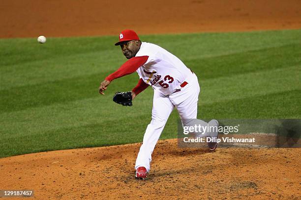 Arthur Rhodes of the St. Louis Cardinals throws a pitch against the Milwaukee Brewers during Game 4 of the National League Championship Series at...