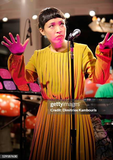 Singer Yukimi Nagano of Little Dragon performs onstage at the Mulberry Mix Tape Tour at Mulberry Store on October 13, 2011 in New York City.