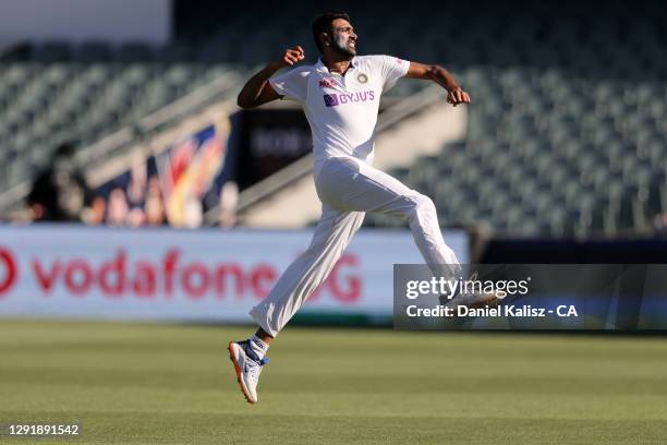 Ravichandran Ashwin of India celebrates after dismissing Steve Smith of Australia during day two of the First Test match between Australia and India...