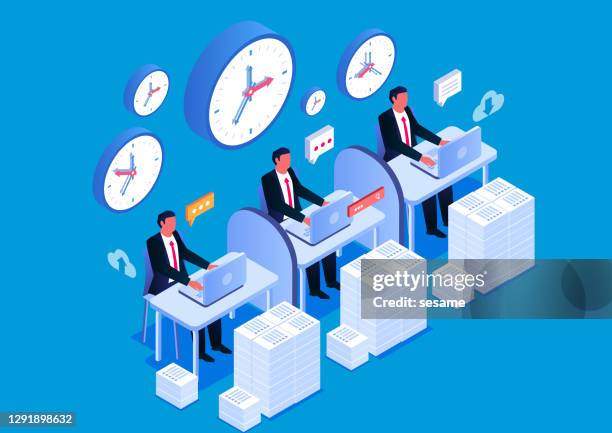 isometric busy working team group - clock person desk stock illustrations