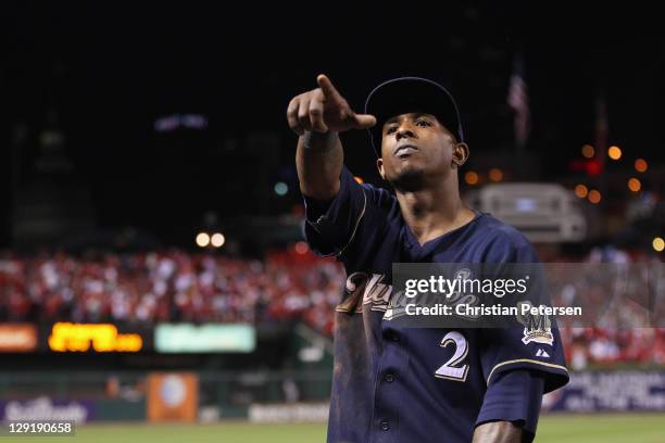 Nyjer Morgan of the Milwaukee Brewers gestures after the Brewers won 4-2 against the St. Louis Cardinals during Game 4 of the National League...