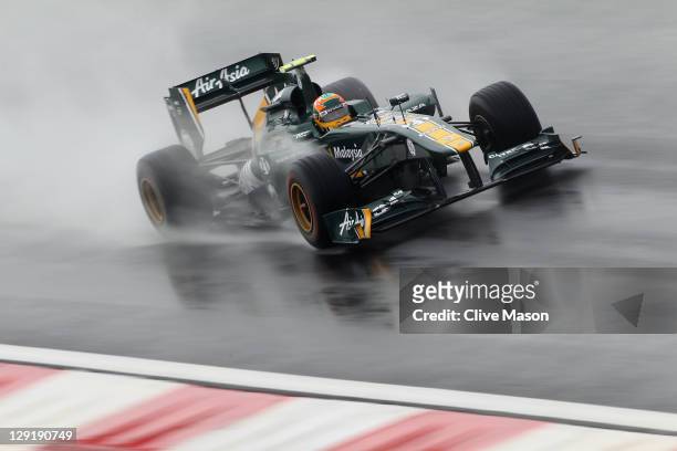 Karun Chandhok of India and Team Lotus drives during practice for the Korean Formula One Grand Prix at the Korea International Circuit on October 14,...