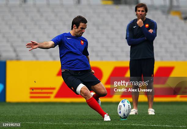 Morgan Parra of France kicks the ball during a France IRB Rugby World Cup 2011 captain's run at Eden Park on October 14, 2011 in Auckland, New...