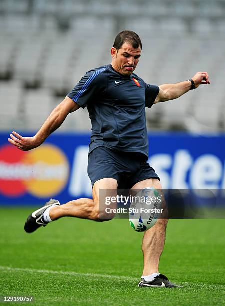 France head coach Marc Lievremont kicks a ball during a France IRB Rugby World Cup 2011 captain's run at Eden Park on October 14, 2011 in Auckland,...