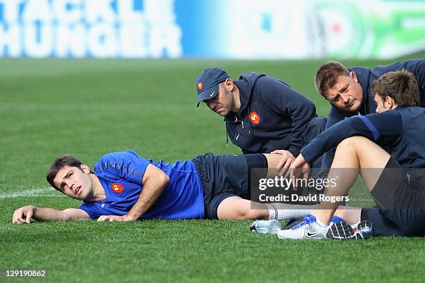 Dimitri Yachvili of France stretches during a France IRB Rugby World Cup 2011 captain's run at Eden Park on October 14, 2011 in Auckland, New Zealand.