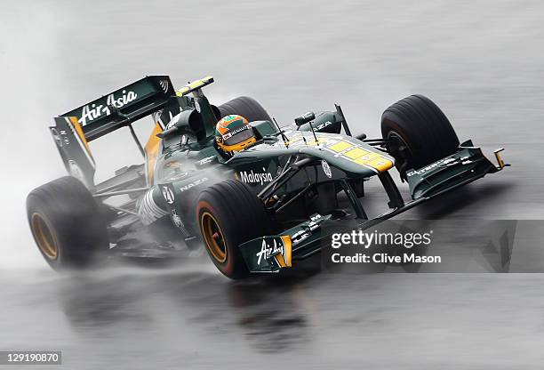 Karun Chandhok of India and Team Lotus drives during practice for the Korean Formula One Grand Prix at the Korea International Circuit on October 14,...