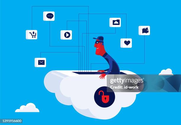hacker with unsafe cloud computing - man stealing stock illustrations