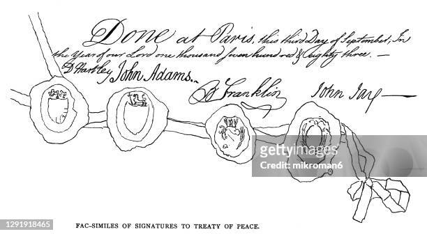 old engraved illustration of fac-simile of signatures to treaty of peace of paris 1783 - ベンジャミン・フランクリン ストックフォトと画像
