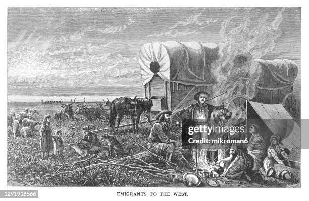 old engraved illustration of emigrants to the west, history of united states - 19th century style stock illustrations bildbanksfoton och bilder