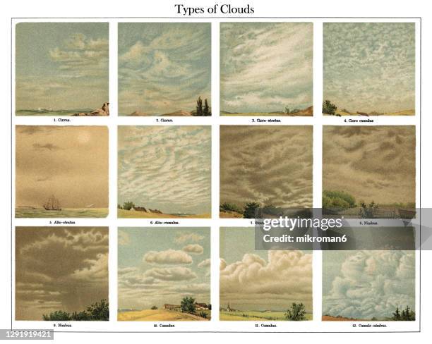 antique illustration of types of clouds - wood block stock pictures, royalty-free photos & images