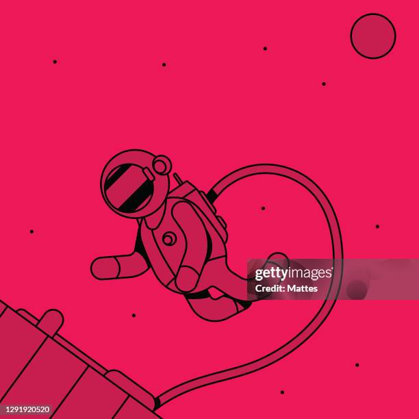 illustrations, cliparts, dessins animés et icônes de astronaute flottant près d’une station spatiale pendant un eva, avec la lune à l’arrière-plan. design plat et audacieux avec des couleurs monochromes vives et des ombres noires nettes. rose vif. - ovni