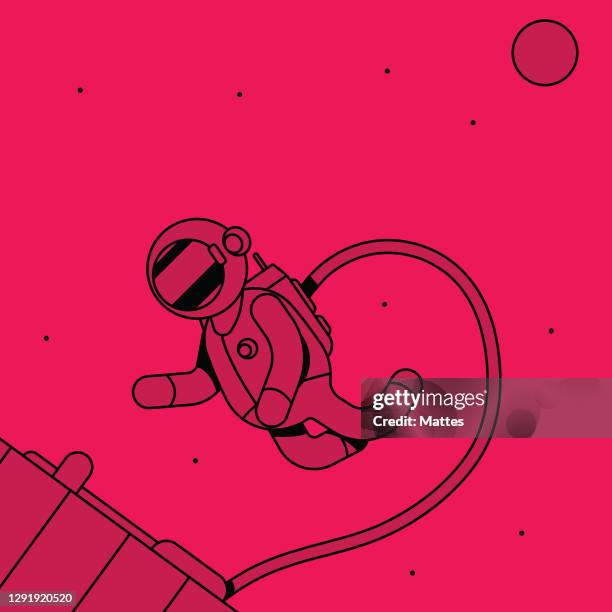 stockillustraties, clipart, cartoons en iconen met astronaut die dichtbij een ruimtepost tijdens een eva, met de maan op de achtergrond drijft. plat en vet ontwerp met heldere monochrome kleuren en scherpe zwarte schaduwen. felroze. - exploratory spacecraft