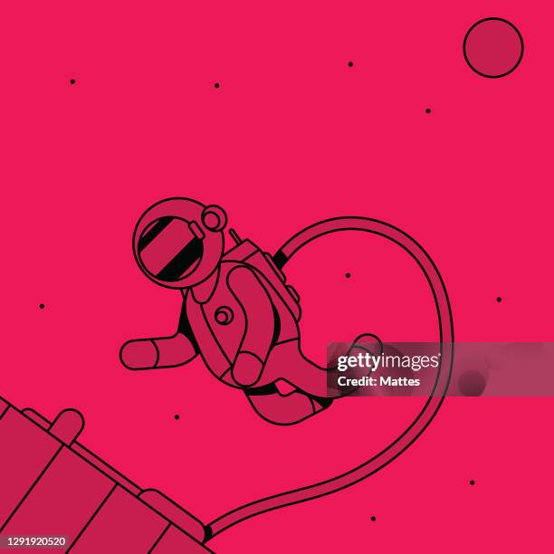 astronaut floating near a space station during an eva, with the moon in the background. flat and bold design with bright monochrome colors and sharp black shadows. bright pink. - exploratory spacecraft stock illustrations