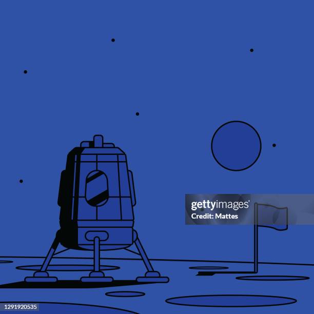 moon lander and a flag on the surface of the moon, with planet earth on the background. flat and bold design with bright monochrome colors and sharp black shadows. deep blue. - nasa curiosity stock illustrations