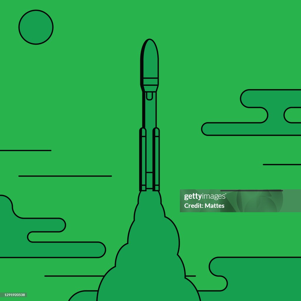 Classical spacecraft launching from earth. Flat and bold design with bright monochrome colors and sharp black shadows. Bright green.