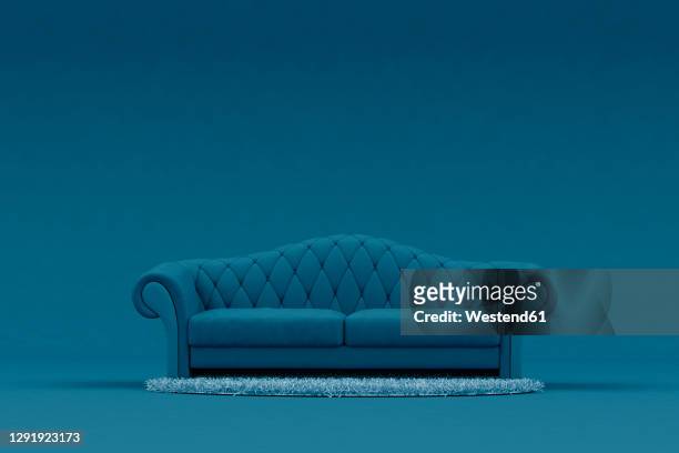 illustrazioni stock, clip art, cartoni animati e icone di tendenza di blue sofa with light blue rug - divano