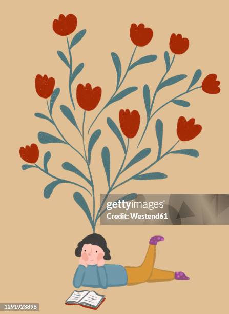 illustrations, cliparts, dessins animés et icônes de clip art of blooming tulips representing imagination of girl reading book - seulement des petites filles