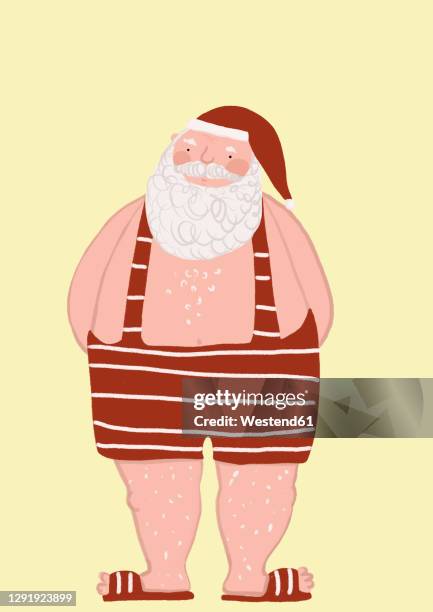 clip art of santa claus wearing old-fashioned swimwear and flip-flops - sandal stock illustrations