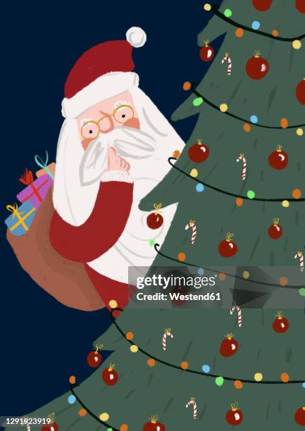 clip art of santa claus hiding behind christmas tree - santa sack stock-grafiken, -clipart, -cartoons und -symbole