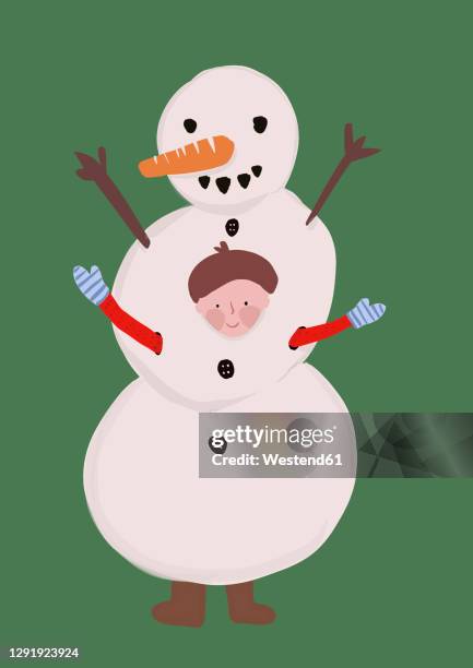 clip art of little boy wearing snowman costume - dressing up stock illustrations