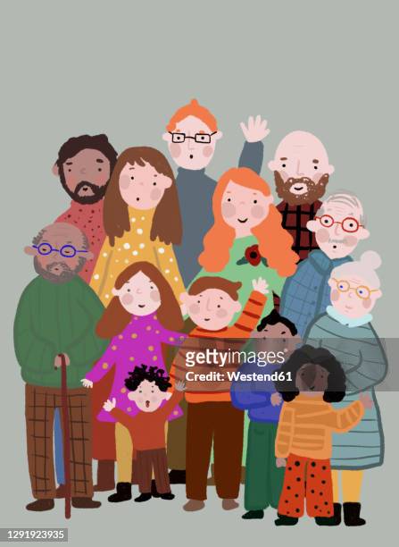 clip art of multi-generation family posing together for photo - clip art family stock illustrations