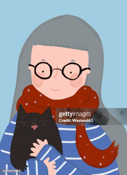 bildbanksillustrationer, clip art samt tecknat material och ikoner med clip art of senior woman wearing eyeglasses holding pet cat - scarf