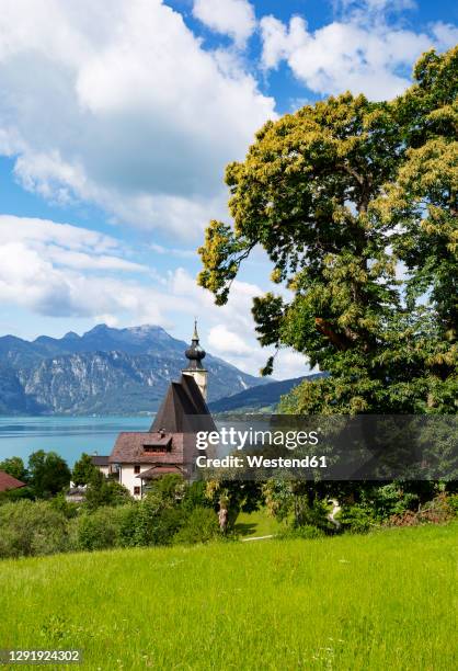 austria, upper austria, steinbach am attersee, rural town on shore of lake atter in summer - attersee stock pictures, royalty-free photos & images