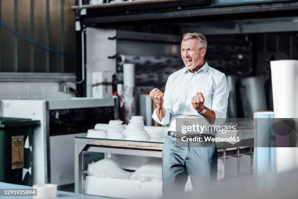 happy engineer cheering while shouting in manufacturing factory - fist celebrating fotografías e imágenes de stock