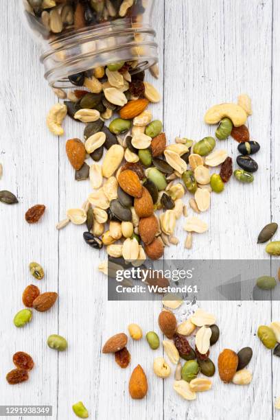 jar of raisins, peanuts, cashew nuts, almonds, soybeans, sunflower seeds and pumpkin seeds spilled on wooden background - fruit-à-coque photos et images de collection