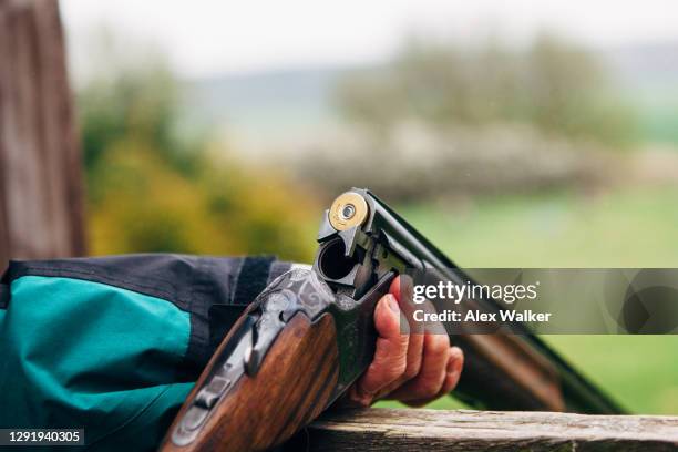 close up of person holding double barrel shotgun - shotgun stock pictures, royalty-free photos & images