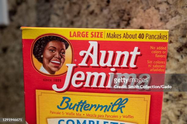 Close-up of Aunt Jemima brand buttermilk pancake mix in kitchen setting, San Ramon, California, November 20, 2020.