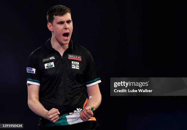 Ciarán Teehan of Ireland reacts during his first round match against Wayne Jones of England during day four of the PDC William Hill World Darts...