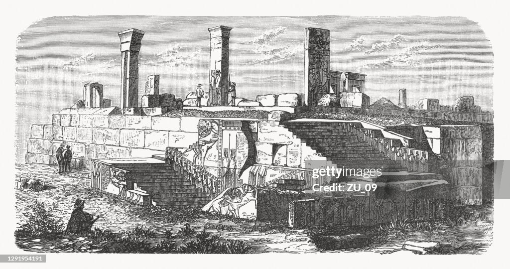 Xerxes Palace in Persepolis, Iran, wood engraving, published in 1893