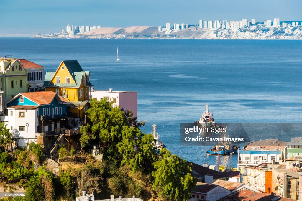 Houses on a hill in Valparaiso with Vina del Mar in the background, Chile