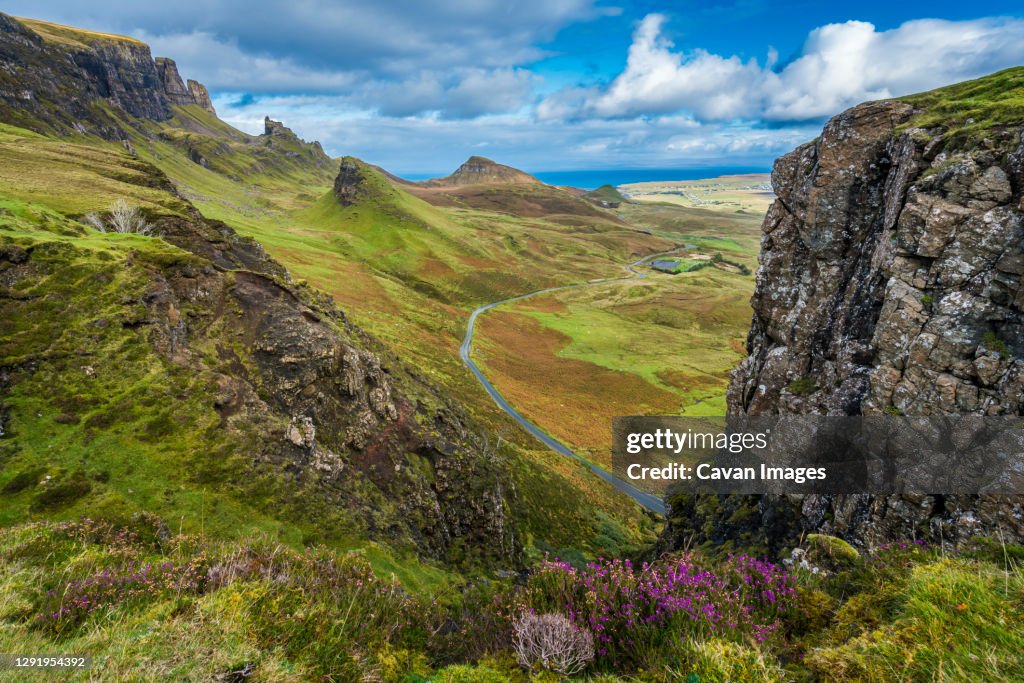 High angle view of mountain road at Quiraing, Isle of Skye, Scotland, UK