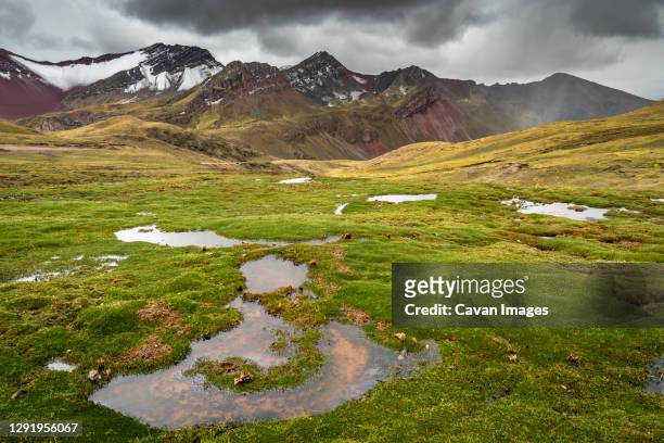 puddles on meadow at rainbow mountain trail, pitumarca, peru - vinicunca photos et images de collection
