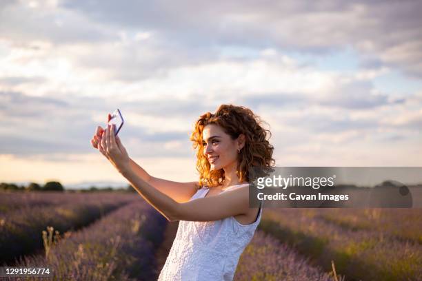 woman with mobile phone in a lavender field - photographing sunset stock pictures, royalty-free photos & images