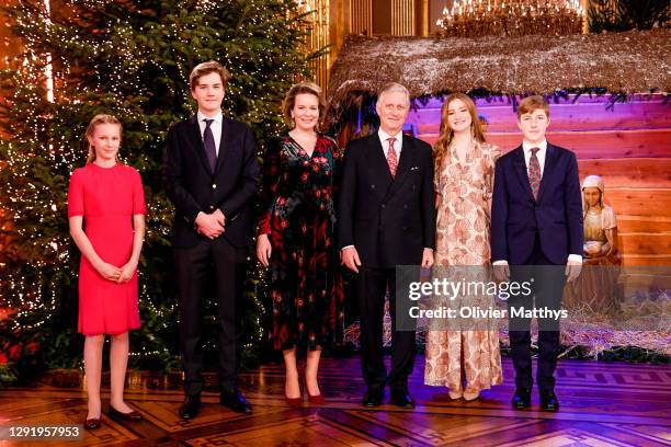 Princess Eléonore of Belgium, Prince Gabriel, Queen Mathilde, King Philippe of Belgium, Princess Elisabeth and Prince Emmanuel pose in front of the...