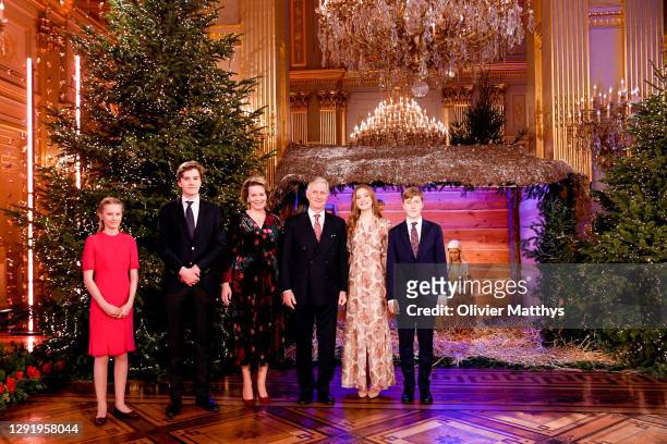 Princess Eléonore of Belgium, Prince Gabriel, Queen Mathilde, King Philippe of Belgium, Princess Elisabeth and Prince Emmanuel pose in front of the...