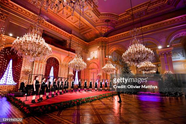 Princess Eléonore of Belgium, Prince Gabriel, Queen Mathilde, King Philippe of Belgium, Princess Elisabeth and Prince Emmanuel attend the Christmas...